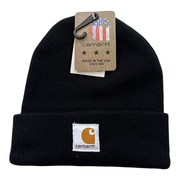 Carhartt Knit Cuffed Beanie Solid Black Unisex Adult Acrylic Watch Hat NEW Logo - Picture 1 of 4